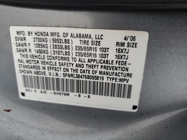 5FNRL38476B095819 - 2006 HONDA ODYSSEY EX GRAY photo 13