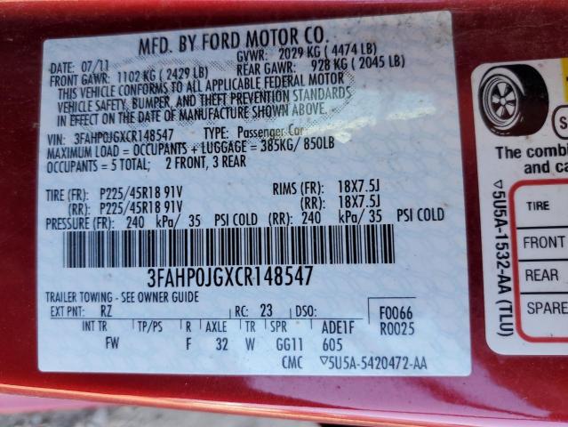 3FAHP0JGXCR148547 - 2012 FORD FUSION SEL RED photo 10