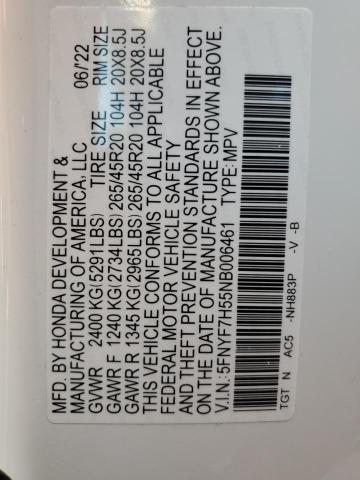 5FNYF7H55NB006461 - 2022 HONDA PASSPORT E 白色 照片 10