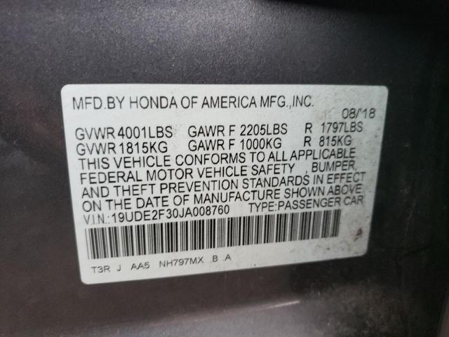 19UDE2F30JA008760 - 2018 ACURA ILX BASE W GRAY photo 10