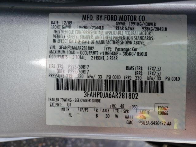 3FAHP0JA6AR281802 - 2010 FORD FUSION SEL SILVER photo 10