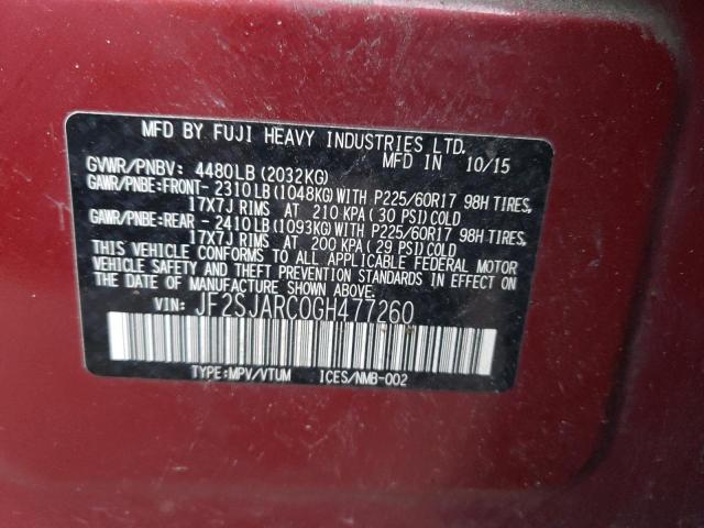 JF2SJARC0GH477260 - 2016 SUBARU FORESTER 2 RED photo 10