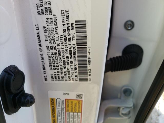 5FNYF7H5XMB000931 - 2021 HONDA PASSPORT WHITE photo 10