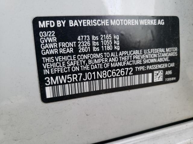 3MW5R7J01N8C62672 - 2022 BMW 330XI WHITE photo 10