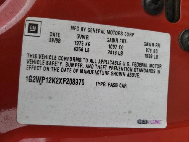 1G2WP12K2XF208970 - 1999 PONTIAC GRAND PRIX წითელი ფოტო 10