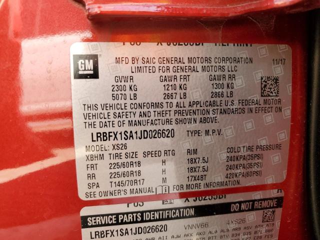 LRBFX1SA1JD026620 - 2018 BUICK ENVISION E RED photo 10