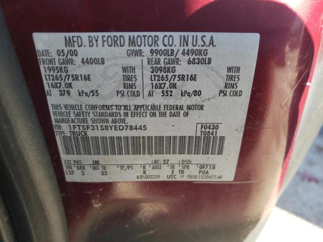 1FTSF31S8YED78445 - 2000 FORD F-350 RED photo 10