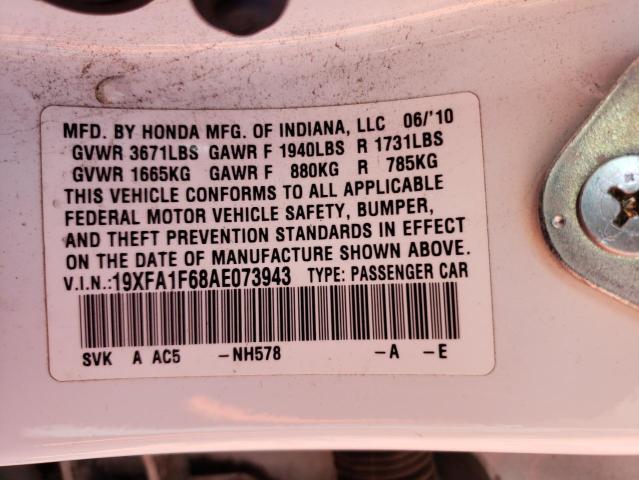 19XFA1F68AE073943 - 2010 HONDA CIVIC LX-S Biały zdjęcie 10