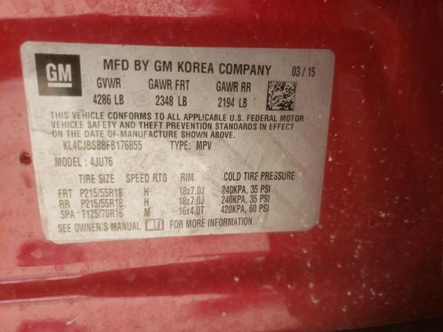 KL4CJBSB8FB176855 - 2015 BUICK ENCORE CON RED photo 10