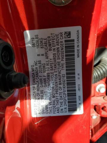 2HGFC2F81KH592163 - 2019 HONDA CIVIC SPOR RED photo 12