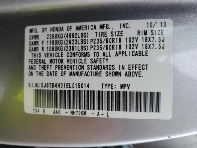 5J8TB4H31EL015014 - 2014 ACURA RDX SILVER photo 14