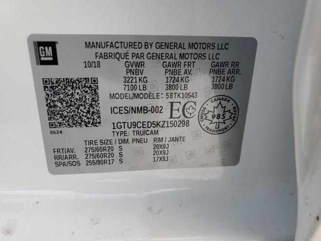 1GTU9CED5KZ150298 - 2019 GMC SIERRA K15 WHITE photo 13