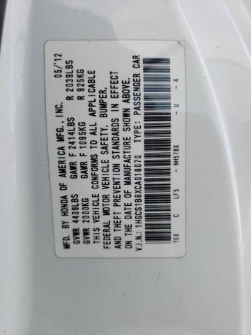 1HGCS1B8XCA018070 - 2012 HONDA ACCORD EXL WHITE photo 10