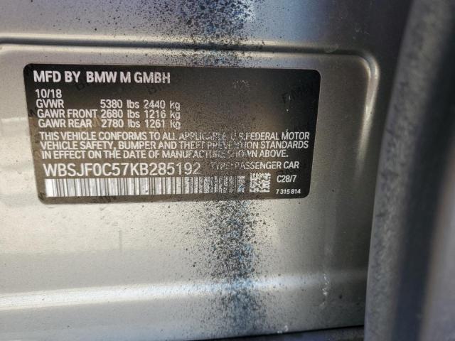 WBSJF0C57KB285192 - 2019 BMW M5 GRAY photo 12