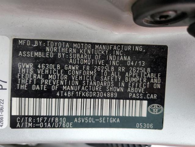 4T4BF1FK6DR304889 - 2013 TOYOTA CAMRY L SILVER photo 10