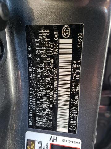 4T1BK1EB9HU244300 - 2017 TOYOTA AVALON XLE GRAY photo 10