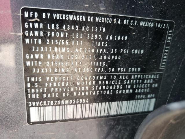 3VVCX7B29NM036954 - 2022 VOLKSWAGEN TAOS S GRAY photo 10