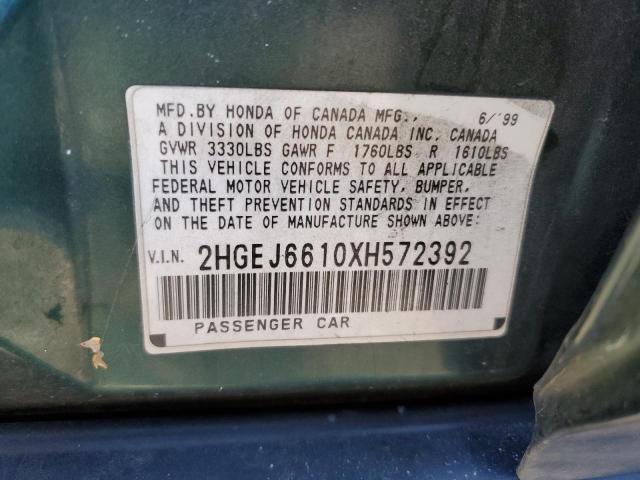 2HGEJ6610XH572392 - 1999 HONDA CIVIC BASE GREEN photo 12