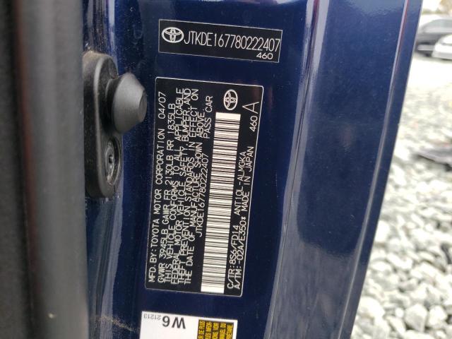 JTKDE167780222407 - 2008 TOYOTA SCION TC BLUE photo 10