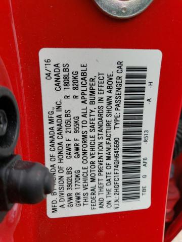 2HGFC1F74GH645690 - 2016 HONDA CIVIC EXL 红色 照片 10