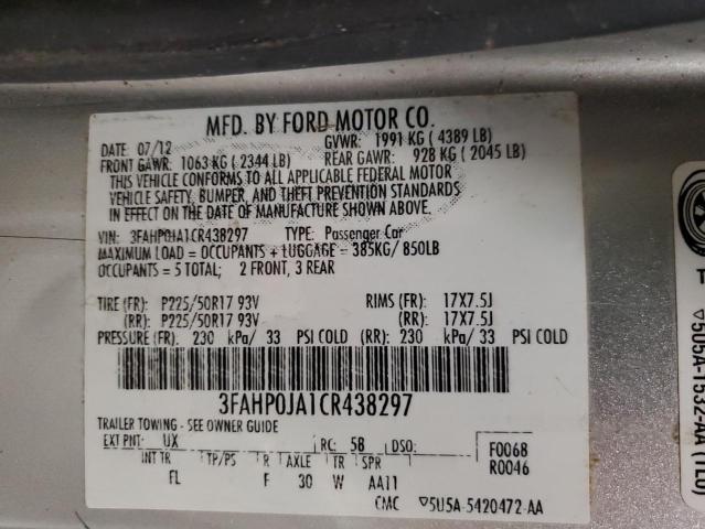 3FAHP0JA1CR438297 - 2012 FORD FUSION SEL SILVER photo 13