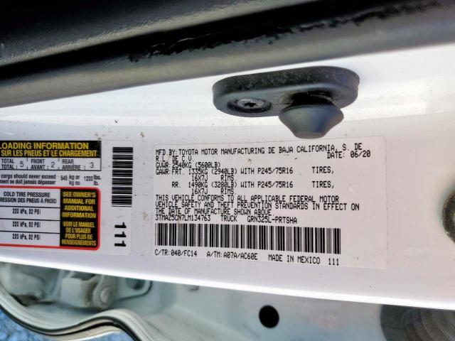 3TMAZ5CN7LM134763 - 2020 TOYOTA TACOMA DOU 白色 照片 10