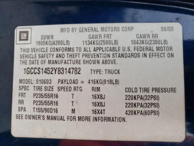 1GCCS1452Y8314782 - 2000 CHEVROLET S10 PICKUP BLUE photo 10