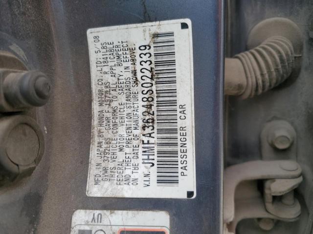 JHMFA36248S022339 - 2008 HONDA CIVIC HYBR CHARCOAL photo 10