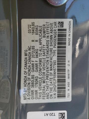 2HGFE2F55NH577993 - 2022 HONDA CIVIC SPOR 灰色 照片 10