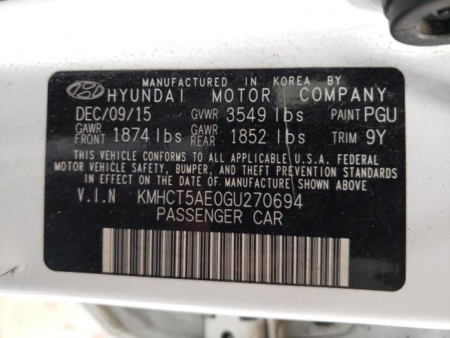 KMHCT5AE0GU270694 - 2016 HYUNDAI ACCENT WHITE photo 10