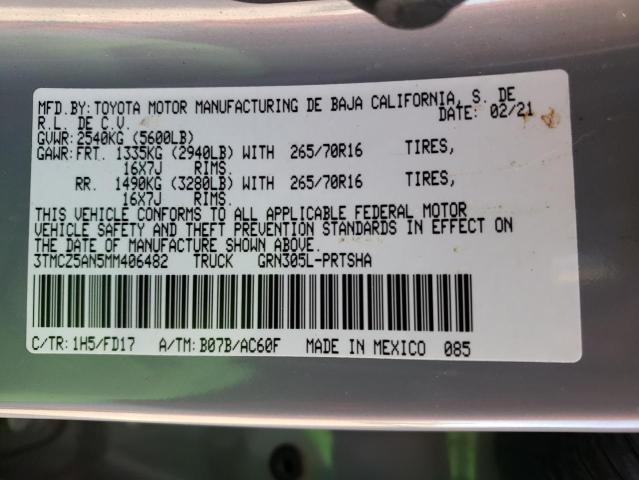3TMCZ5AN5MM406482 - 2021 TOYOTA TACOMA DOU 银色 照片 10