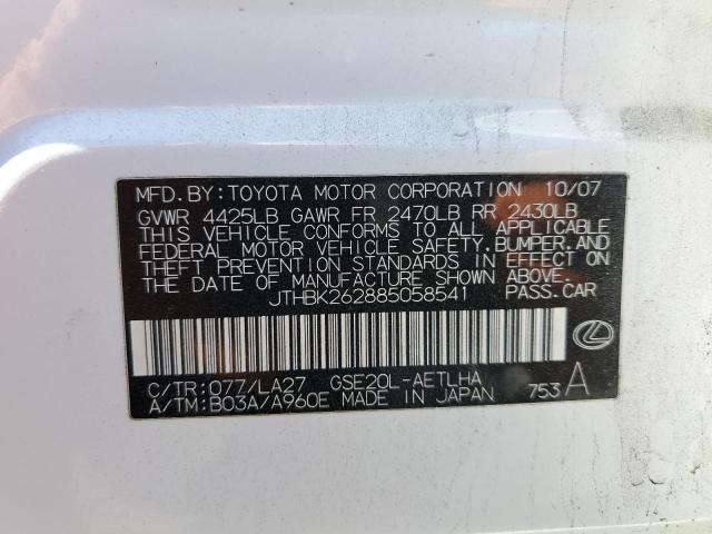 JTHBK262885058541 - 2008 LEXUS IS250 WHITE photo 10