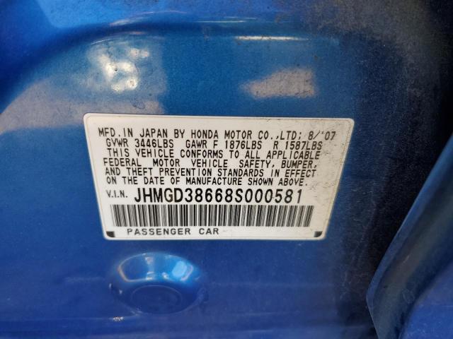 JHMGD38668S000581 - 2008 HONDA FIT SPORT BLUE photo 12