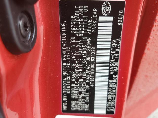 4T1BF1FK0CU631328 - 2012 TOYOTA CAMRY L AU RED photo 10