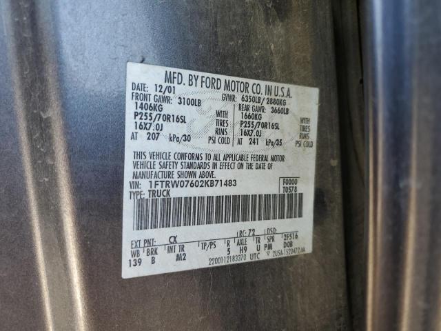 1FTRW07602KB71483 - 2002 FORD F150 SUPER GRAY photo 10