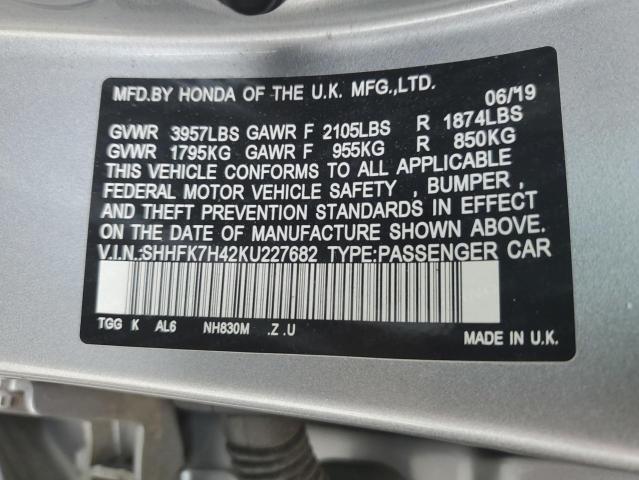 SHHFK7H42KU****** - 2019 HONDA CIVIC SPOR 银色 照片 12