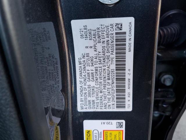 2HGFE2F57NH522283 - 2022 HONDA CIVIC SPOR 灰色 照片 10