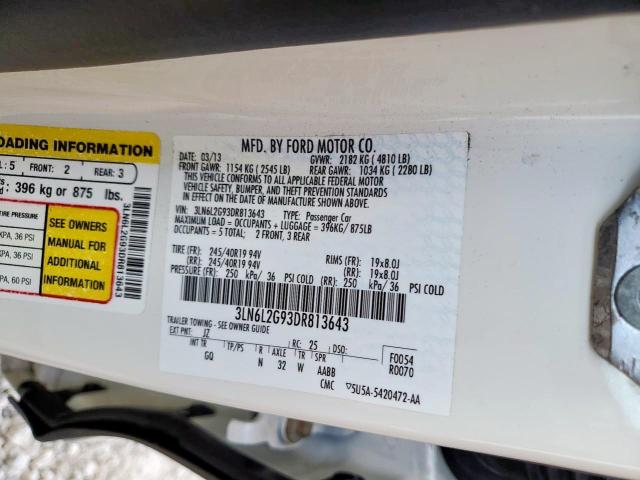 3LN6L2G93DR813643 - 2013 LINCOLN MKZ WHITE photo 10