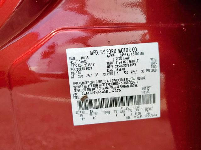 2LMTJ6KR3GBL37375 - 2016 LINCOLN MKX SELECT RED photo 10