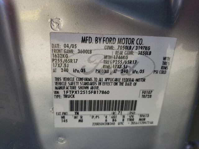 1FTPX12515FB17860 - 2005 FORD F150 SILVER photo 10