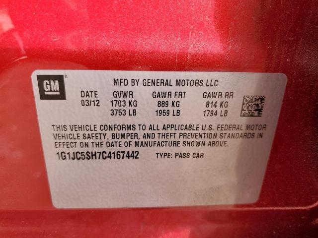 1G1JC5SH7C4167442 - 2012 CHEVROLET SONIC LT RED photo 10