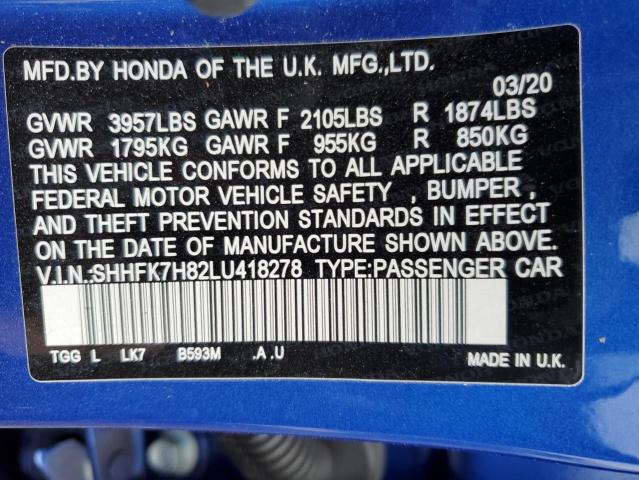 SHHFK7H82LU418278 - 2020 HONDA CIVIC EXL Mavi foto 12