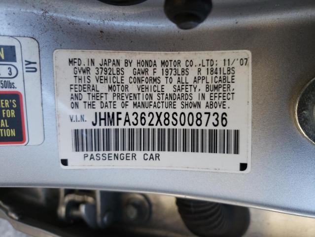 JHMFA362X8S008736 - 2008 HONDA CIVIC HYBR SILVER photo 12