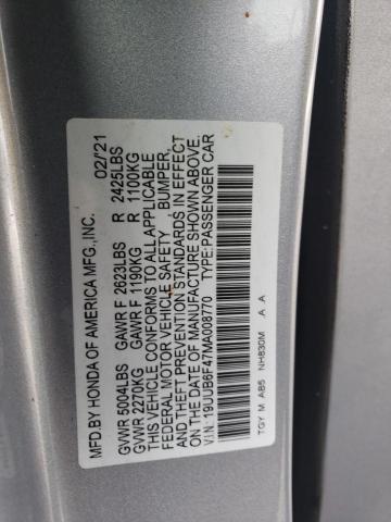 19UUB6F47MA****** - 2021 ACURA TLX TECHNO SILVER photo 10