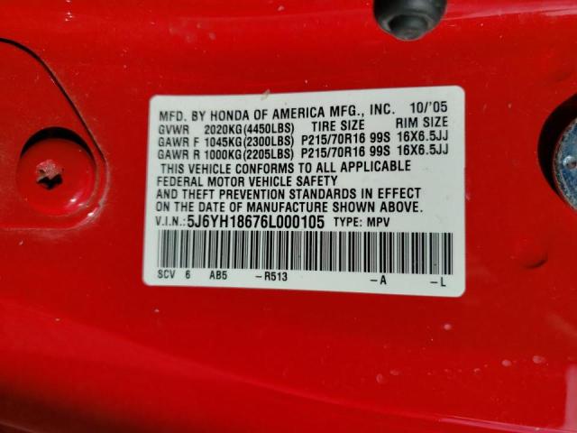 5J6YH18676L000105 - 2006 HONDA ELEMENT EX RED photo 10