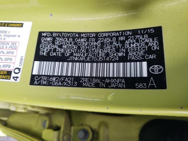 JTNKARJE7GJ514724 - 2016 TOYOTA SCION IM YELLOW photo 12