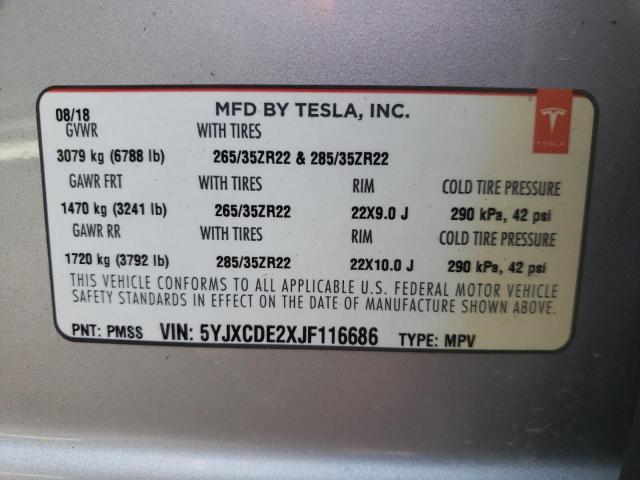 5YJXCDE2XJF116686 - 2018 TESLA MODEL X SILVER photo 10