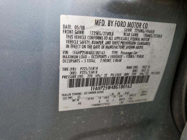 1FAHP25W48G180163 - 2008 FORD TAURUS LIM BLUE photo 10