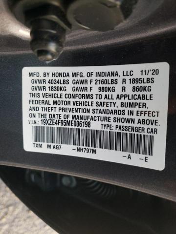 19XZE4F95ME006198 - 2021 HONDA INSIGHT TO GRAY photo 10