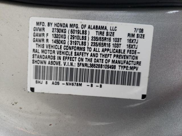 5FNRL38628B109498 - 2008 HONDA ODYSSEY EX SILVER photo 14